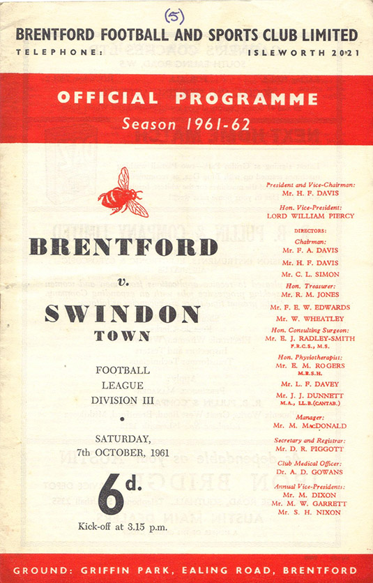 <b>Saturday, October 7, 1961</b><br />vs. Brentford (Away)